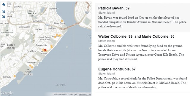 Map showing the south-east shore of Staten Island, fatalities (dots), and descriptions of cause-for-death.