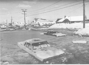 Winthrop Drive, in the Beachmont section of Revere, Mass., was flooded by waves and tidal surge during the Blizzard of '78 that overflowed the seawall (credit: The Boston Globe)